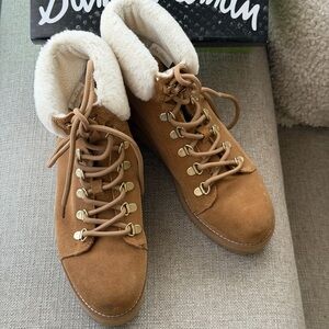 Sam Edelman Franc lace-up boots in camel suede with faux fur trim 7.5